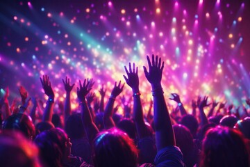 Vibrant concert crowd with hands raised. ai generative