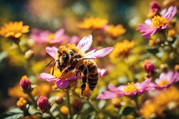 Closeup of a busy bee hovering over a beautiful flower. ai generative