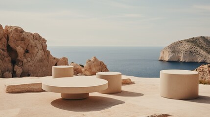Fototapeta na wymiar Generative AI, Ibiza aesthetic villa house and coast landscape, muted colors, minimalism