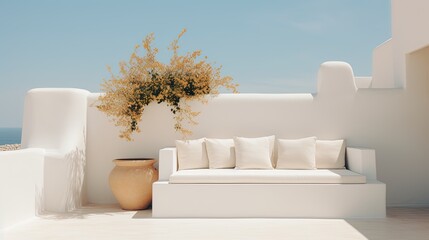 Obraz premium Generative AI, Ibiza aesthetic villa house and coast landscape, muted colors, minimalism