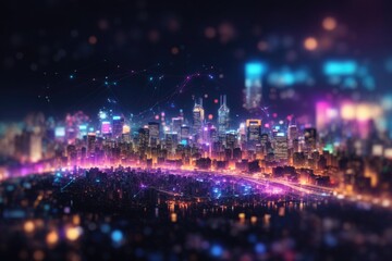 City skyline with network data conection on bokeh background. ai generative