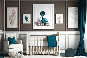Taupe Space Blue Carribean Peacock and White Nursery