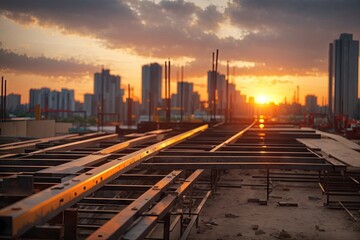 Fototapeta na wymiar construction site and sunset structural steel. ai generative