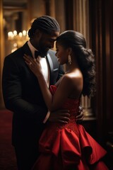Candid photograph, mansion ballroom, black celebrity beauty couple in love, touching, classy outfit high angle shot film shot. 