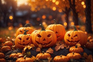 Fototapeta premium Autumn Halloween pumpkins and leaves. ai generative