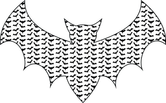 Intricate line drawing of a bat, composed of many smaller bats. This symmetrical design with a large wingspan and pointed wings is perfect for bat conservation efforts, Halloween promotions