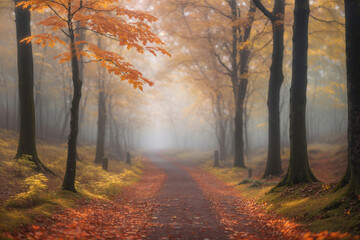 Obraz premium A path passing through a misty forest during autumn. ai generative