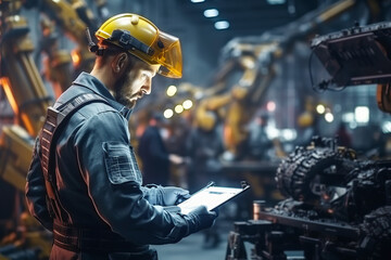 Factory Engineer Using Laptop Computer. Industrial Automated Assembly Plant. - obrazy, fototapety, plakaty