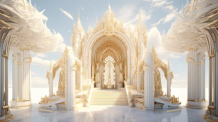 Fotobehang Heaven's gate, divine portal, palace in the clouds, pearly gates, white and gold, background © EchoStudios