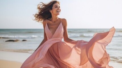 Fototapeta na wymiar A beautiful woman, summer long flowing pink dress, playing on the beach, laughing. Generative AI