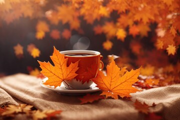 maple leaf and orange coffee cup on cloth autumn. ai generative