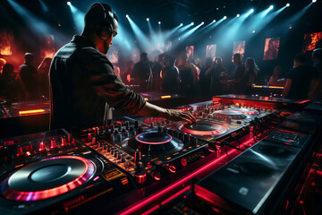 DJ working spinning turntable records at night club party. 