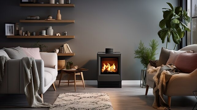 Contemporary stove in living room with flames and pellets.