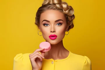 Keuken foto achterwand Macarons Portrait of fashion model woman eating pink macaroon and looking at camera. Pretty blonde girl and tasty cake. Food and pleasure concept. Isolated on yellow background, copy space, Valentine day