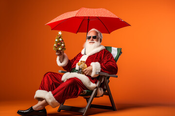 Christmas, New Year holidays concept. Happy traditional close-up Santa Claus portrait on vacation. Studio shot with sun parasol, drink and relaxed Santa. Vivid colors, joyful mood. Generative AI
