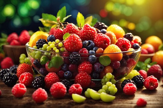 Photo illustration of mix eco organic healthy fruits and berries. ai generative