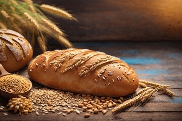 bread wheat and other grains on wooden background. ai generative