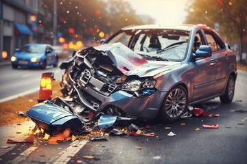 car crash accident on the road banner with copy space. ai generative - obrazy, fototapety, plakaty