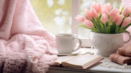 Obraz na płótnie Canvas Easter themed cozy scene with vintage feminine style. Cup of coffee, open notebook, and pink knitted plaid on windowsill. Floral arrangement of tulips, hyacinth, and Gypsophila flowers.