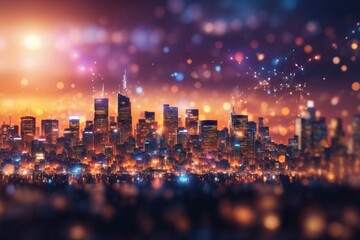 Naklejka premium City skyline with network data conection on bokeh background. ai generative