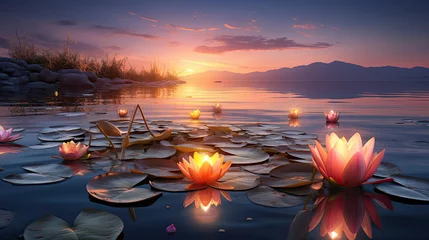 Fotobehang Lake covered in lotus flowers and lily pads, sunrise © EchoStudios