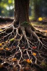 Fototapeta premium Tree roots in soil closeup underground texture. ai generative