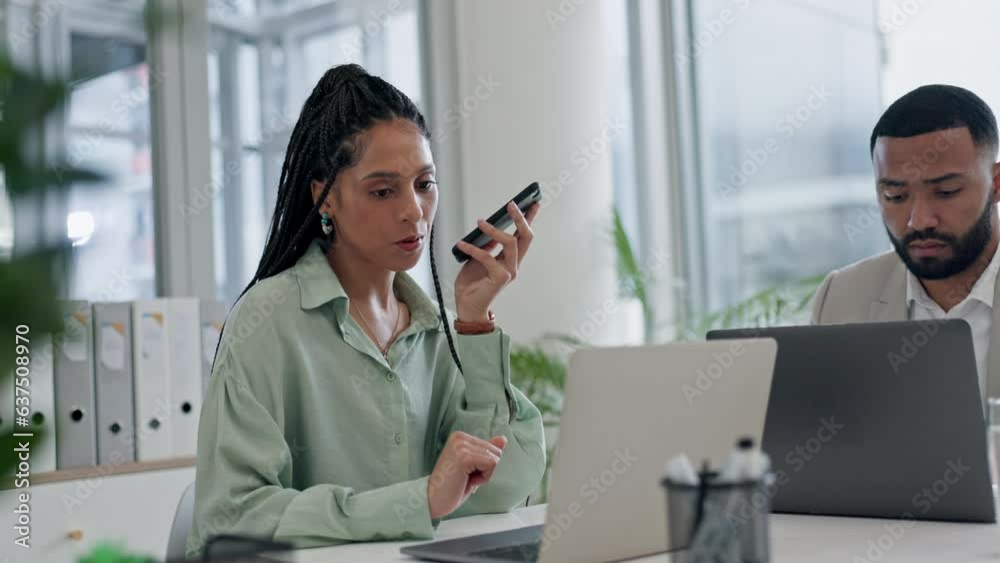 Poster phone call, audio and employees at desk with discussion and mobile voice note in office. planning, c