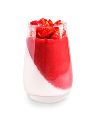 One glass with homemade healthy Panna cotta italian dessert made of sweetened cream thickened with gelatin with strawberry whipped sauce and topping of chopped raw berries isolated on white background