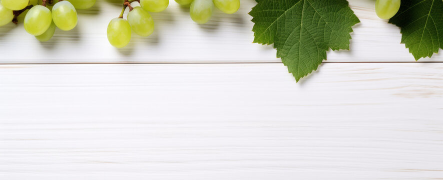 Green juicy grapes on white background. autumn Frame made of grapes. Copy space for text or menu on white wooden background. Fruit berry Frame Border Long web banner. Generative AI.