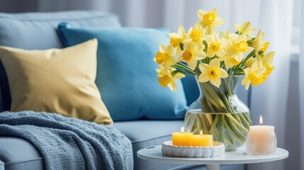 Spring home decoration with a fresh bouquet of yellow daffodils in a glass vase and a yellow candle on the table, set against a blue couch with yellow pillows and white walls. - obrazy, fototapety, plakaty