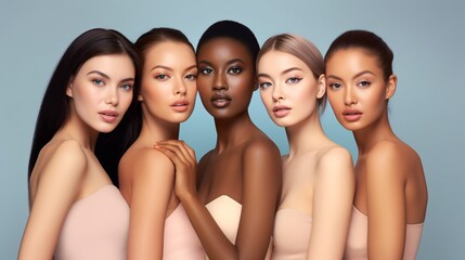 Obraz premium Diverse beauty: Varied ethnicities - Caucasian, African, Asian, and Indian women on a pastel backdrop.