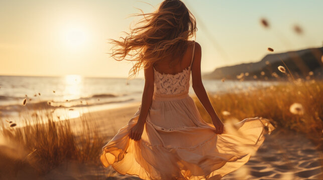 carefree summertime woman enjoy walking on the beach ocean sunset moment casual woman travel vacation relax leisure freedom lifestyle and cheerful,ai generate