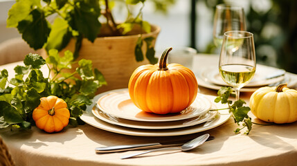 Autumn table setting with pumpkins, cutlery and wine