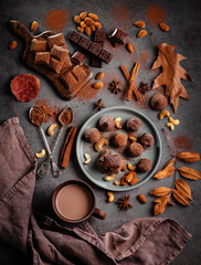 Cocoa in a clay mug, chocolate pieces and nuts on a dark background. Top view. Flatley