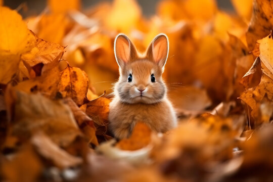 A Small Rabbit Sitting In A Pile Of Leaves