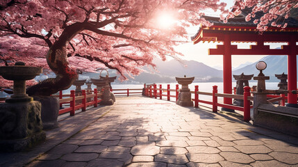 Blooming_sakura_tree_Torii_gate_and_pavilion