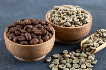 Green coffee with roasted coffee beans on dark background