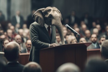 Fototapeta na wymiar Elephant in a business suit speaks on the podium in front of a large gathering of people