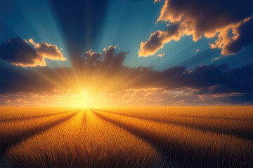 Serene sunset over a golden wheat field with rays of sunlight breaking through the clouds Generative AI