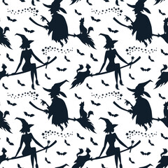 Pattern of flying witches on broom with bats and little magic stars. Seamless pattern of witches on broom with cat in black and white style.
