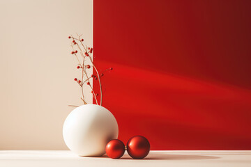 White vase with flowers on red background