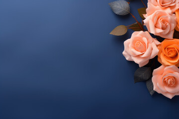 Bouquet of pink roses on blue background