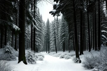 Serene winter path through snowy woods in black and white Generative AI