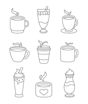 Coffee drink cup. Coloring Page. Hot cold cocktail. Vector drawing. Collection of design elements.