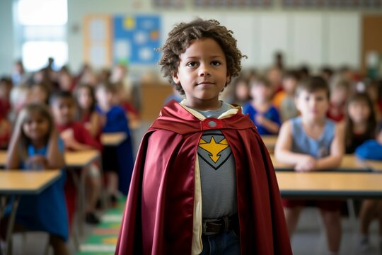 A young student stands tall and confidently in a classroom, draped in a cape, symbolizing strength and resilience. The scene embodies a powerful message of safety, unity, and anti-bullying. - Powered by Adobe