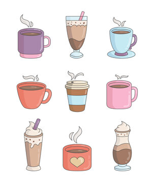 Coffee drink cup. Hot cold cocktail. Vector drawing. Collection of design elements.