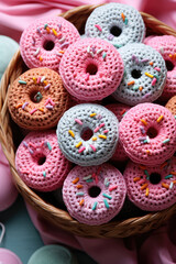 Fototapeta na wymiar basket with colorful crochet donuts