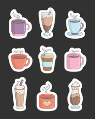 Coffee drink cup. Sticker Bookmark. Hot cold cocktail. Vector drawing. Collection of design elements.