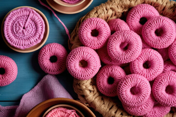 pink and purple knitted donuts