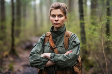 Fototapeta premium portrait of a confident young female ranger standing with her arms crossed in the forest